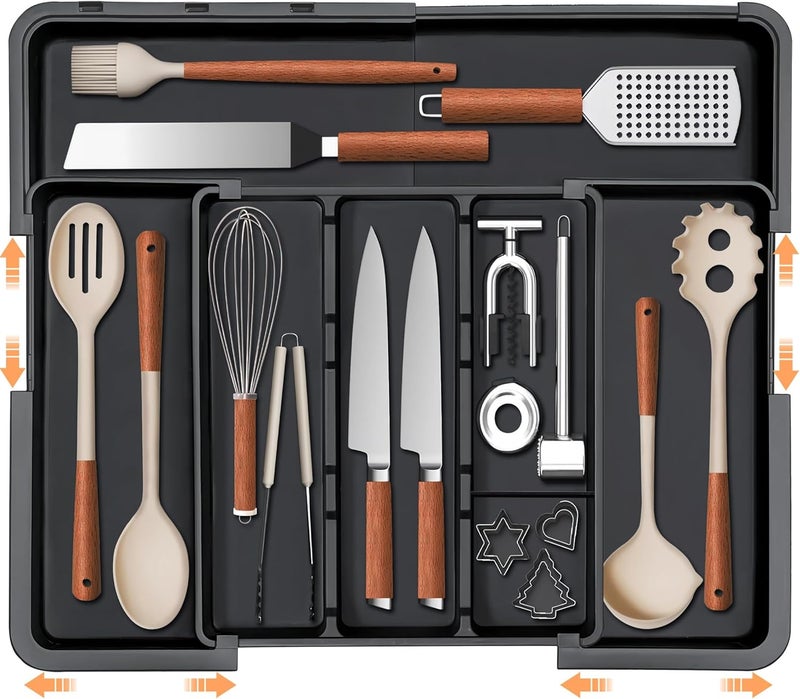 Spaclear Large Utensil Drawer Organizer Expandable Silverware Organizer for Kitchen Drawer Adjustable Cooking Utensil Holder Cutlery Flatware Tray Spatula Tools Gadgets Storage Dividers Plastic Black - Image 1